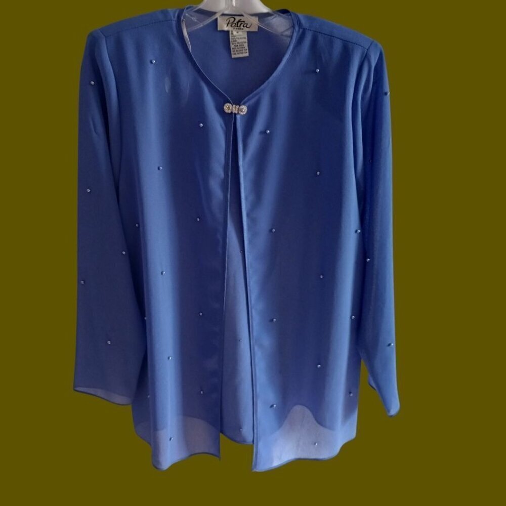 Patra Petite Womens Blue Beaded Long Sleeve basic Jacket Blue petite 8